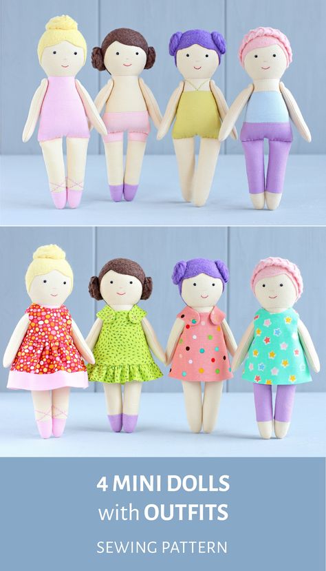 This collection of five digital sewing patterns, delivered as a handy PDF, empowers you to craft four delightful 6-inch mini rag dolls.  Detailed step-by-step photo instructions and full-size pattern pieces ensure a seamless sewing experience, even for beginners. Additionally, you'll receive a special 8-piece Summer capsule wardrobe designed exclusively for your miniature creations. Packed with helpful doll making tips and tricks, this pattern makes it easy to bring your vision to life and sew your own adorable cloth dress-up mini doll. 
.#FreeCrochetPatterns #SewingToys #KnittingPatterns #SewingDolls #FreeSewingPatterns Pdf Doll Pattern Free, Mini Rag Doll Pattern Free, Free Doll Patterns To Sew, Doll Patterns Free Sewing, Basket Sewing Pattern, Diy Dolls Making, Fabric Doll Pattern, Doll Patterns Free, Cloth Dolls Handmade