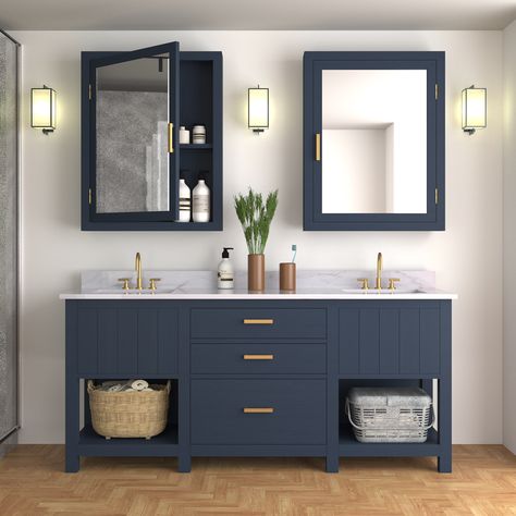 Product Overview: ✔ Quality Solid Wood Craftsmanship ✔ Partially Assembled ✔ Distinct Storage Choices ✔ Timeless Resilient Marble Countertop ✔ 1-Year Product Assurance Bring pure magic into bathroom storage with our Fenney 84 Inch Bathroom Vanity with Double Sink Space. This cultured modern bathroom vanity with its deep navy-blue finish and luxuriant marble countertop, redefines the very essence of elegance. Notice how seamlessly it organizes into three drawers, stylish cabinet doors, and open s Navy Bathroom Vanity Ideas, Navy Double Sink Bathroom Vanity, Navy Double Vanity, Open Shelving Bathroom, Wood Modern Bathroom, 2 Sink Bathroom Vanity, 84 Inch Bathroom Vanity, Navy Blue Bathroom Vanity Vessel Sink, Modern Double Sink Bathroom Vanity