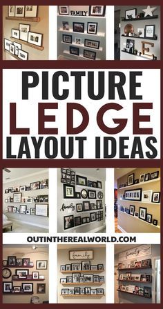 Living Room Picture Shelf Ideas, Gallery Wall With Ledges, Decorating Picture Ledges, Photo Wall Shelf Picture Ledge, Gallery Shelves Living Room, Photo Frame Shelf Display, Overlapping Picture Frames On Wall, Picture Ledge Family Photos, Diy Floating Picture Shelves