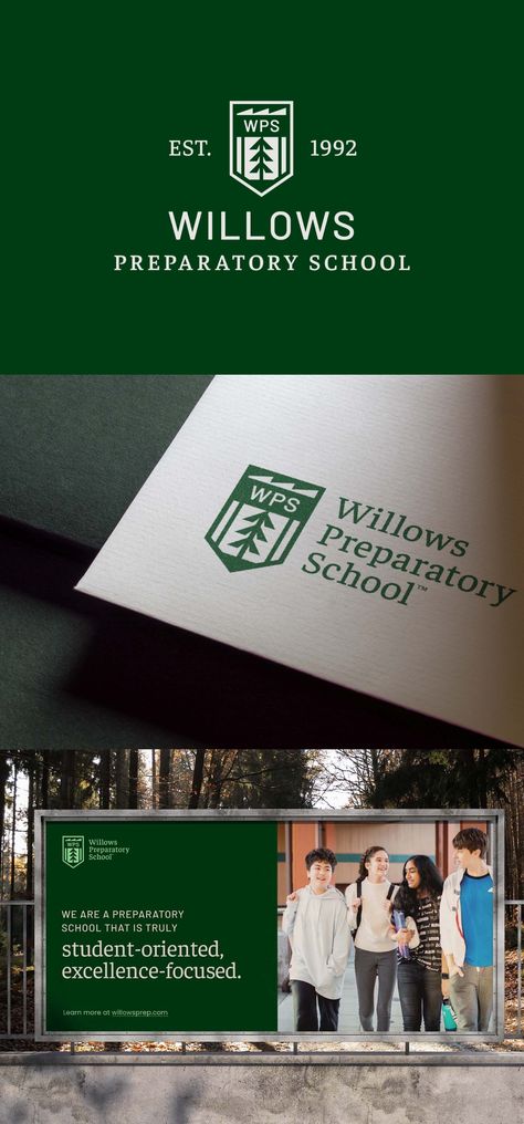 Creative Chameleon Studio - Brand Redesign For Willows Preparatory School – A pencil and bookmark, two images that instantly evoke the idea of education, are built into the logo’s icon. At its heart lies a pine tree, grounding the school in its Pacific Northwest roots. Crowning the icon is a silhouette of the school’s three-peaked building. Together, these elements compose a powerful and recognizable school crest that’s simple, yet deeply layered and nuanced. – #branding #branddesign School Typography Design, Private School Branding, Education Branding Design, School Crest Design, Academic Branding, School Emblem Logo, School Branding Design, Educational Branding, School Logo Ideas