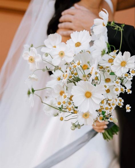 Traditional White Bridal Bouquet, White Wild Flowers Wedding, White Wild Flower Bouquet, White Daisy Bridal Bouquet, Daisy Bridal Bouquet, Wildflower Wedding Theme, Bridesmaid Bouquet White, Minimal Wedding Invitation, Wedding Party Flowers