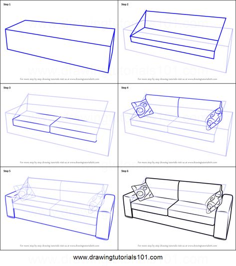 How to Draw Sofa with Cushions Printable Drawing Sheet by DrawingTutorials101.com Furniture Drawing Reference, Drawing Rooms Tutorial, How To Draw Furniture Step By Step, Sofa Drawing Reference, How To Draw Pillows, How To Draw Sofa Step By Step, How To Draw A Sofa, How To Draw A Couch, Sofa Perspective Drawing