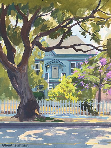 Landscape Art Ideas, Cottage Yard, Heather Martin, Gouache Art, Wow Art, Painting Art Projects, Blue House, Gouache Painting, Acrylic Paints