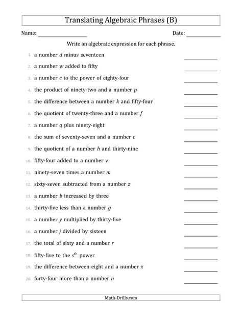 The Translating Algebraic Phrases (Simple Version) (B) Math Worksheet from the Algebra Worksheets Page at Math-Drills.com. Algebraic Expressions Worksheet, Basic Algebra Worksheets, Translating Algebraic Expressions, Translations Math, Writing Algebraic Expressions, Evaluating Algebraic Expressions, Pre Algebra Worksheets, Equivalent Expressions, Simplifying Algebraic Expressions