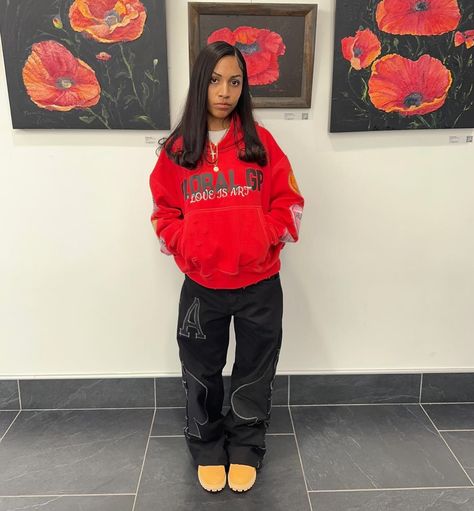 Tomboy Style Black Women, Red Hoodie Outfit Black Women, Red Jordan 3 Outfit, Tomboy Fashion Aesthetic, Tomboy Outfits Black Women, Sweatpants Outfit Black Women, Red Sweatpants Outfit, Red Outfits Black Women, Red Hoodie Outfit