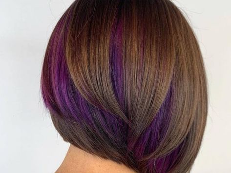 Bob Haircut With Peekaboo Color, Long Bob With Peekaboo Color, Short Hair With Purple, Peekaboo Hair Color Short, Peekaboo Hair Color Purple, Brown Hair With Colored Highlights Fun, Peekaboo Bob, Messy Bobs, Purple Bob