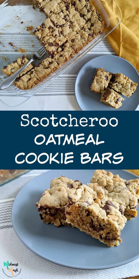 Scotcheroo Oatmeal Cookie Bars | Midwest Mash Oatmeal Scotchies Cookies Bar, Oatmeal Butterscotch Cookie Bars, Oatmeal Scotchies Bars, Butterscotch Oatmeal Bars, Oatmeal Butterscotch Bars, Oatmeal Scotchies Cookies, Home Baked Goods, Oatmeal Scotchies, Oatmeal Dessert