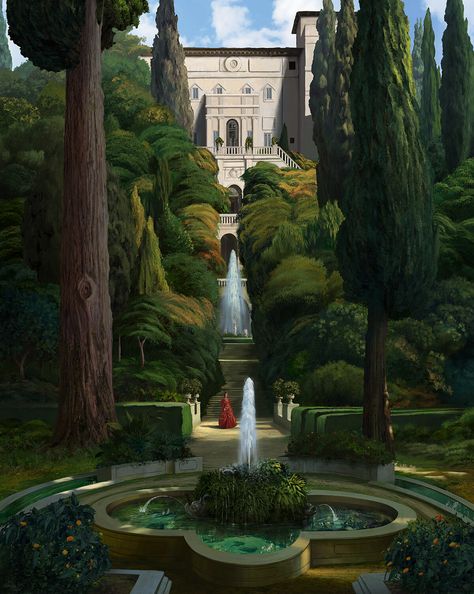 The garden, Giorgos Tsolis on ArtStation at https://www.artstation.com/artwork/ybeEaJ Royal Garden Fantasy Art, Fantasy Garden Concept Art, Garden Concept Art, Fantasy Garden Art, Medieval Garden, Fantasy Gardens, Manor Garden, Fantasy Garden, Bg Design