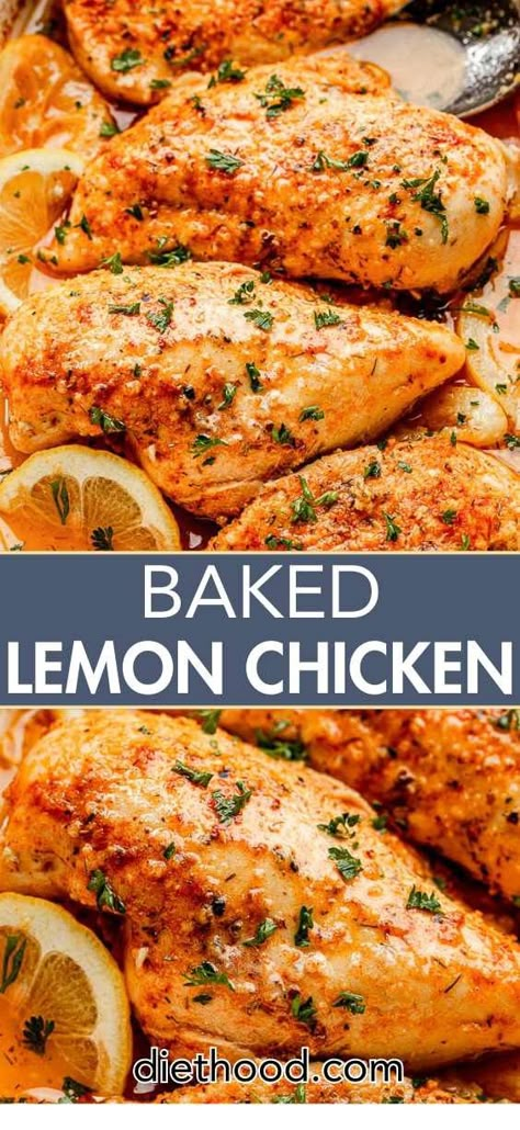 This tender and juicy baked Lemon Chicken recipe is full of amazing flavors and one of my family's favorite dinner recipes. It's an easy, tangy baked chicken recipe that's perfect for a quick and satisfying weeknight dinner. Chicken Things Recipes Dinners Oven, Lemon Chicken Oven Baked, Chicken Recipes On The Stove, Lemon Chicken Tenderloins, Healthy Chicken Recipes For Dinner Oven, Delicious Baked Chicken Recipes, Easy Chicken Recipes For A Crowd, Lemon Pepper Baked Chicken Breast, Chicken Oven Recipes Easy