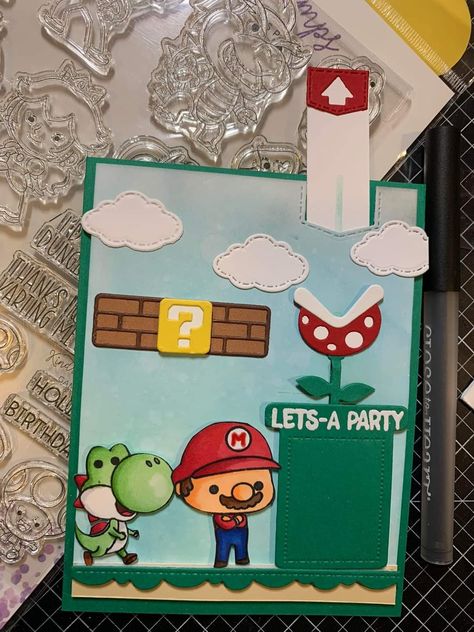 Mario Cards Birthdays, Super Mario Birthday Card, Mario Gifts, Pokémon Gifts, Super Mario Gifts, Kindred Stamps, Super Mario Birthday, Homemade Birthday Cards, Pokemon Gifts