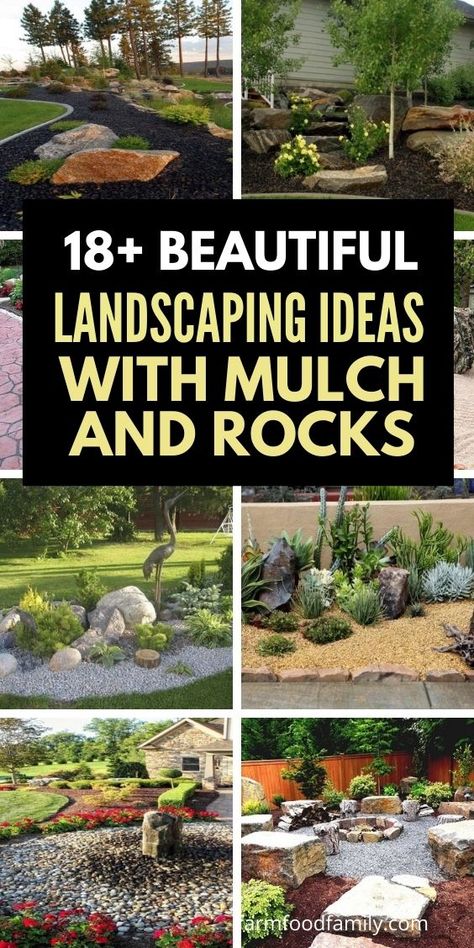 18+ Best Landscaping Ideas & Designs With Mulch And Rocks Front Yard Stone Landscaping Ideas, Rocks Around Garden Beds, Simple Landscaping Front Yard Low Maintenance With Rocks, Decorative Bark Garden Ideas, Mulch And Rock Landscaping Ideas Backyard, Rock And Bark Landscaping Ideas, All Rock Landscaping Ideas, Pea Rock Landscaping, Front Lawn Landscape Ideas With Rocks