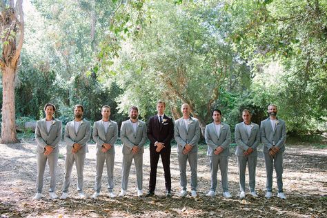 Groomsmen Attire Grey, Basket Lights, Pink Bridesmaid Gowns, Modern Summer Wedding, Hot Pink Bridesmaids, Gray Suits, Wedding Groomsmen Attire, Ivory Bridal Gown, Groomsmen Grey