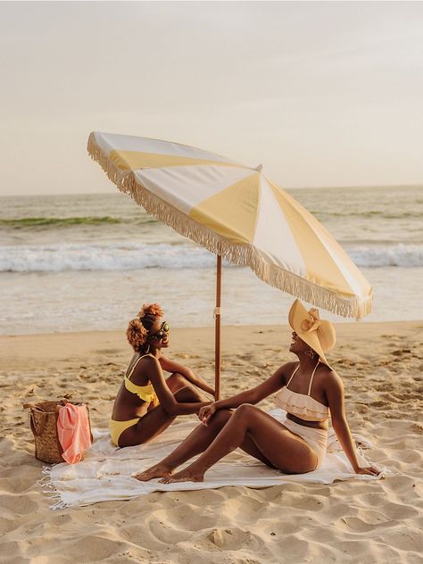 Shop Beach State Limoncello Retro Summerland Portable Beach Umbrella | Saks Fifth Avenue Umbrella With Fringe, Beach Editorial, Beach Cabana, Vintage Umbrella, Beach Gear, Beach Umbrella, Outdoor Umbrella, Beach Photoshoot, Beach Picnic