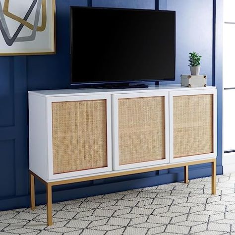 Safavieh Home Collection Zadie Coastal White/Natural Rattan 3-Door Storage Sideboard Creating beautiful spaces on a budget Rattan Accents, Rattan Sideboard, House Planning, Wide Sideboard, Media Stand, White Sideboard, Contemporary Living Spaces, Living Room Cabinets, Wood Sideboard