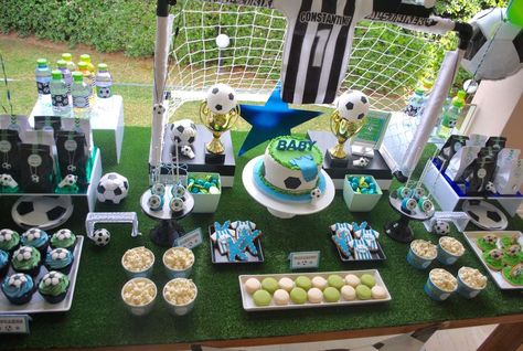 He's already kickin'! | CatchMyParty.com Soccer Party Food, Soccer Gender Reveal, Soccer Baby Showers, Soccer Baby, Soccer Birthday Parties, Football Birthday Party, Boy Birthday Party Themes, Soccer Birthday, Gender Reveal Decorations