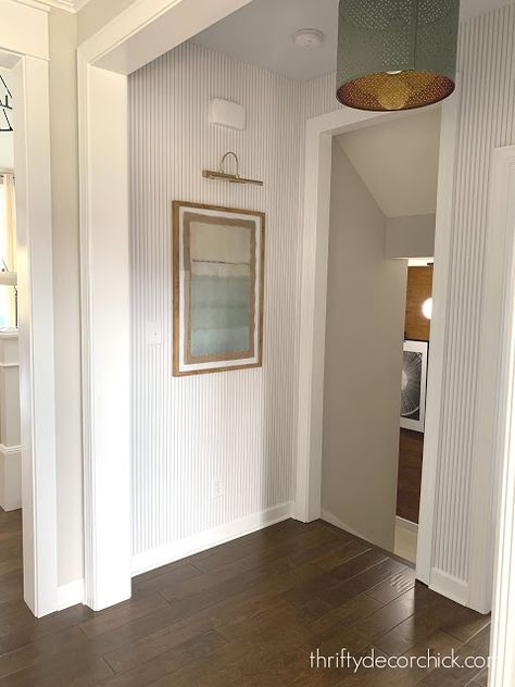 The POWER of wallpaper {don't be afraid} Wallpaper Foyer, Pinstripe Wallpaper, Foyer Makeover, Wallpaper Hallway, Recessed Can Lights, Can Lighting, Hallway Wallpaper, Thrifty Decor Chick, Thrifty Diy