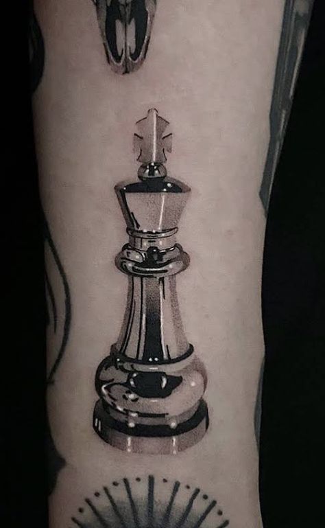 Chrome Chess Piece, Queen Cheese Piece Tattoo, Chrome Tattoo Designs, Stipple Shading Tattoo, Simple Geometric Tattoo, King Chess Piece Tattoo, Queen Chess Piece Tattoo, Chrome Tattoo, Artist Tattoo Ideas