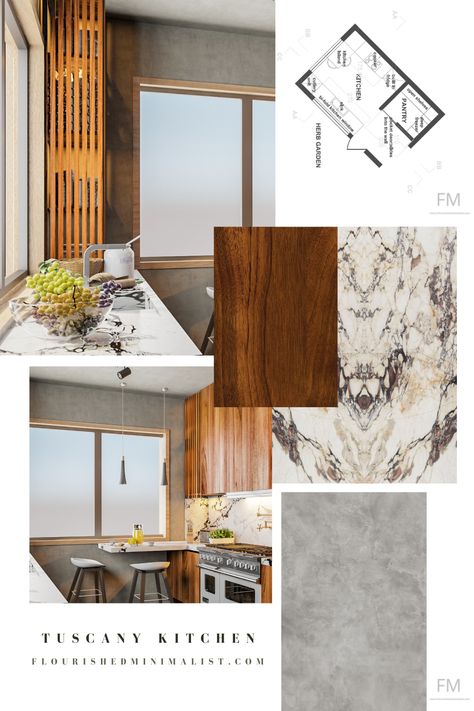 kitchen moodboard with warm tones, marble, concrete and wooden acscents Tuscan Inspired Interior Design, Tuscany Kitchen Decor, Tuscany Kitchen, Modern Tuscan, Tuscany Decor, Kitchen Mood Board, Charming Kitchen, Tuscan Inspired, Tuscan Kitchen