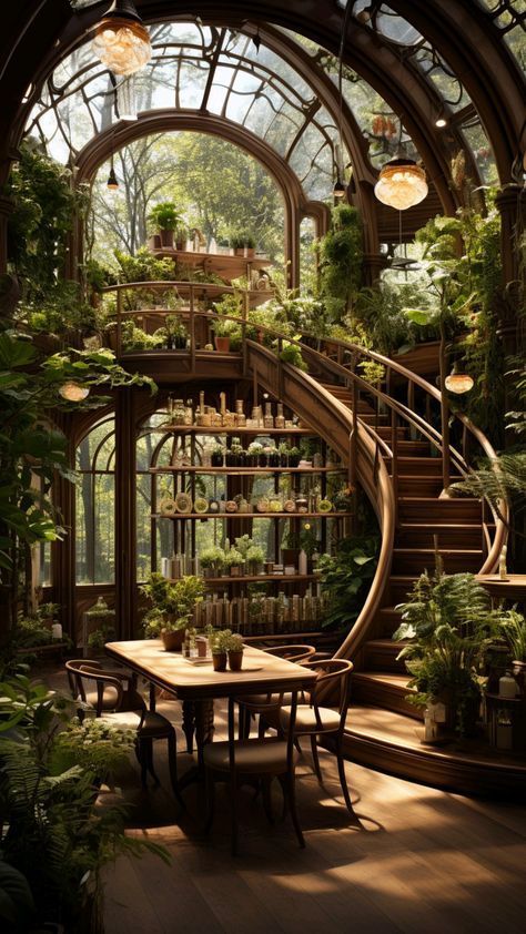 Cafe With Plants Interiors, Herbal Room Ideas, Tea Room Business Ideas, Greenhouse Tea Room, Magical Coffee Shop, Fantasy Tea Shop, Tea House Aesthetic, Greenhouse Ideas Interior Design, Tea Room Ideas