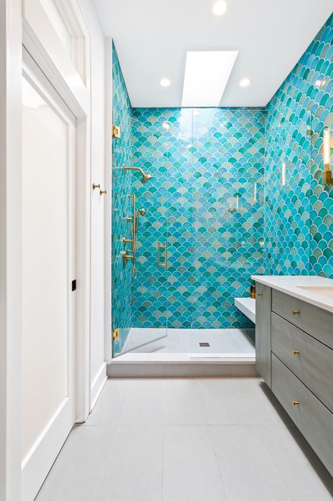 Green Tiles, Mermaid Bathroom, Narrow Bathroom, Beach Bathroom Decor, Fireclay Tile, Beach Bathrooms, Bathroom Renos, The Shower, Beautiful Bathrooms