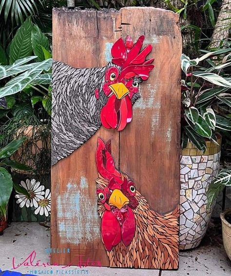 Mosaic Rooster Pattern, Mosaic Roosters, Chicken Mosaic, Rooster Mosaic, Crockery Mosaic, Mosaic Garden Ideas, Mosaic Art Diy, Mosaic Animals, Mosaic Garden Art