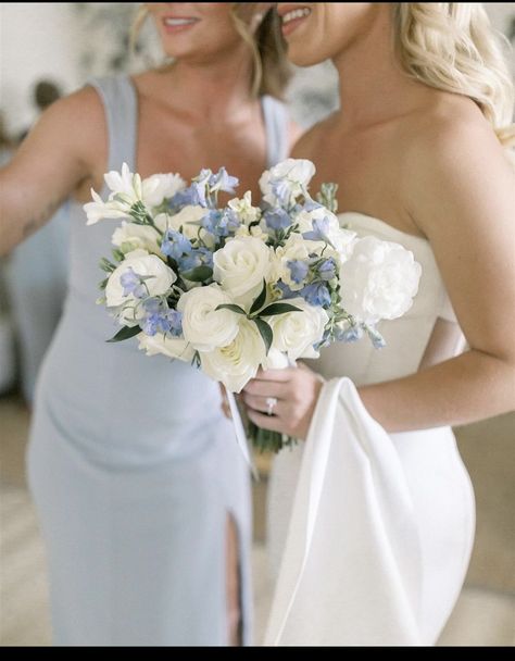 Light Blue Bridesmaid Bouquet, Bridesmaid Bouquet Blue And White, Dusty Blue And White Bridal Bouquet, Bridesmaids Bouquets Blue, Spring Wedding Flowers Blue, White And Blue Wedding Flowers Centerpieces, Bridal Bouquet White And Blue, White And Blue Wedding Florals, White Bouquet With Blue Accents