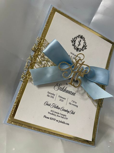 Invitation Ideas For Quinceanera, Light Blue And Gold Quinceanera Theme, Quince Invitation Ideas, Light Blue And Gold Wedding Theme, Baby Blue And Gold Quinceanera Theme, Light Blue And Gold Quince, Blue 15 Invitations, Cinderella Quinceanera Invitations, Baby Blue Invitations