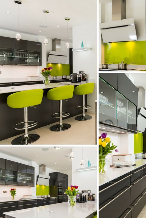 The lime green bar stools and splash back gives this room the fresh and light look. We love the colours of this project Lime Green Bar Stools, Lime Green Kitchen Ideas, Lime Green Kitchen, Gray Kitchens, Future Mansion, Green Bar Stools, Green Kitchen Designs, Green Kitchen Decor, Black Kitchen Decor