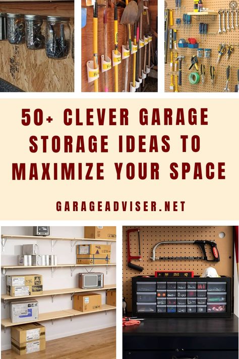 Explore over 50 clever garage storage ideas to maximize your space and keep your garage organized. From shelving units to DIY solutions, find inspiration on Garage Adviser for practical and efficient ways to store all your belongings in the garage. Say goodbye to clutter and hello to a well-organized space with these innovative storage solutions. Whether you have a small or large garage, there are plenty of ideas here to help you make the most of your space. Middle Of Garage Storage, Small Garage Tool Storage Ideas, Garage Storage Cabinets Organizing Ideas, Unique Garage Storage Ideas, Garage Storage Container Ideas, Garage Suspended Storage, Store Lawn Chairs In Garage, Single Garage Organization Ideas, Detached Garage Organization