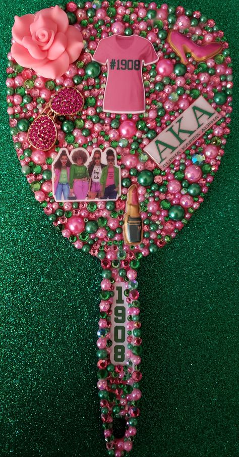 Aka Diy Gifts, Aka Room Decorations, Akaversary Alpha Kappa Alpha, Aka Paddle Ideas, Aka Mirror, Bejeweled Mirror, Alpha Kappa Alpha Paddles, Alpha Kappa Alpha Crafts, Aka Pearls