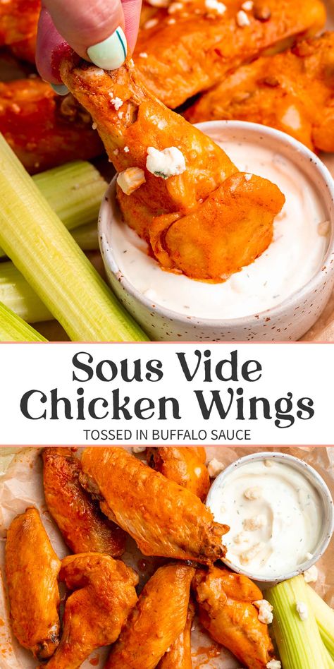 Easy, effective, and largely hands-off, these sous vide chicken wings are the most tender wings you could ever hope for. Slow cooked in a water bath for mouth-watering juiciness, then crisped under the broiler and toss in a simple buffalo sauce. This method is totally foolproof and the absolute best way to prep your wings for game day! Sous Vide Chicken Wings, Air Fryer Recipes Wings, Chicken Wing Sauce Recipes, Sous Vide Chicken, Wing Sauce Recipes, Chicken Wing Recipes Baked, Chicken Wing Sauces, Buffalo Chicken Wings, Sous Vide Recipes