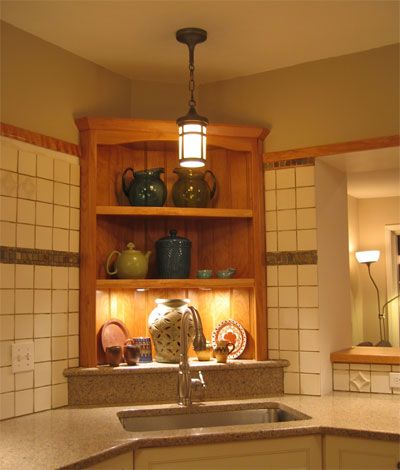 Corner Kitchen sink idea. Corner Sink Kitchen Storage, Corner Kitchen Sink Without Window, Corner Sink Decor, Sink No Window, Kitchen Sink Shelves, Corner Kitchen Sink Ideas, Kitchen Corner Shelves, Corner Sinks, Corner Stove