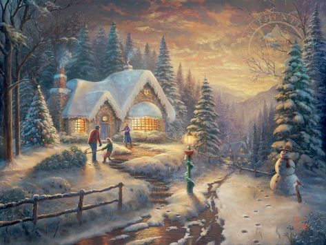 Thomas Kinkade Cottage, Thomas Kinkade Art, Thomas Kinkade Paintings, Thomas Kincaid, Thomas Kinkade Christmas, Kinkade Paintings, Winter Christmas Scenes, Beautiful Christmas Scenes, Tree Growing