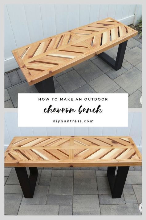 DIY Chevron Cedar Bench - DIY Huntress Diy Huntress, Chevron Diy, Cedar Bench, Diy Wood Bench, Chevron Table, Bench Diy, Thrift Store Crafts, Diy Bench, Diy Furniture Projects