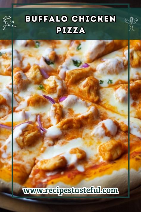 Buffalo Chicken Pizza combines the zesty kick of buffalo sauce with tender chicken and creamy mozzarella. It’s perfect for a fun dinner! Chicken Breast Pizza, Homemade Pizza Night, Buffalo Chicken Pizza Recipe, Buffalo Pizza, Chicken Pizza Recipe, Spicy Buffalo Chicken, Buffalo Chicken Pizza, Fun Dinner, Pizza Flavors