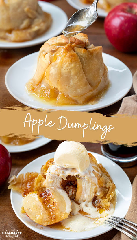 Apple Dumplings are Granny Smith apples wrapped in a flaky pie crust, filled with a spiced butter and brown sugar mixture, topped with a sweet apple cider sauce. It’s a dessert similar to a classic apple pie but in your own individual-sized portion! Individual Apple Desserts, Apple Dumplings With Pie Crust, Pie Crust With Shortening, Apple Cider Sauce, Pudding Recipes Homemade, Easy Impressive Dessert, Apple Dumpling, Spiced Butter, Classic Apple Pie