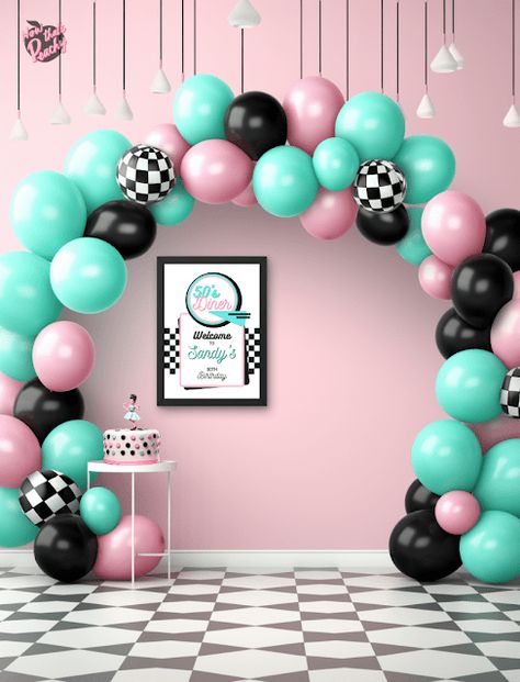 Sock Hop Party Ideas For Adults | Diner 1950s Parties Inspo | Now thats Peachy Fifties Theme Party 1950s, 50s Photo Backdrop, 50s Party Ideas Decoration, 50s Dance Party, Sock Hop Balloon Arch, Diner Theme Party Food, 50s 60s Party Decorations, Sock Hop Photo Booth, Sock Hop Ideas