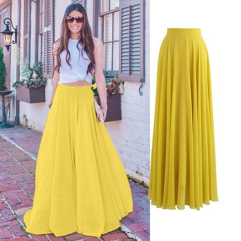 Flower Maxi Skirt Outfit, Yellow Maxi Skirt Outfit, Knit Maxi Skirt Outfit, Yellow Maxi Skirt, Flower Maxi Skirt, Circle Skirt Outfits, Yellow Maxi Skirts, Maxi Skirt Outfit, Outfit Yellow