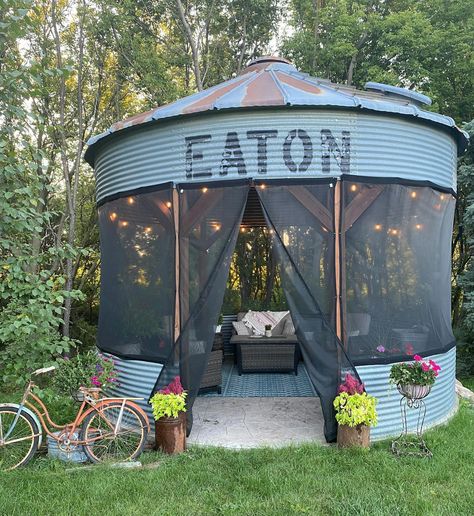 A New Market, Minnesota, family's spacious gazebo has turned into a place for quiet time and gatherings. Grain Bin Gazebo, Bin Gazebo, Grain Bin House, Bug Net, Corn Crib, Silo House, Backyard Gazebo, Backyard Pavilion, The Bug