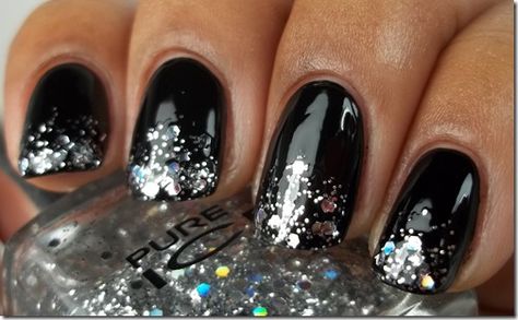 Pure Ice - Dazzle Me (Glitter Topcoat over black) Black And Silver Nail Designs, Black Silver Nails, Black To Silver Ombre, Black Ombre Nails, Silver Nail Designs, Colour Gradient, Marble Nail Designs, Elegant Nail Designs, Silver Nail