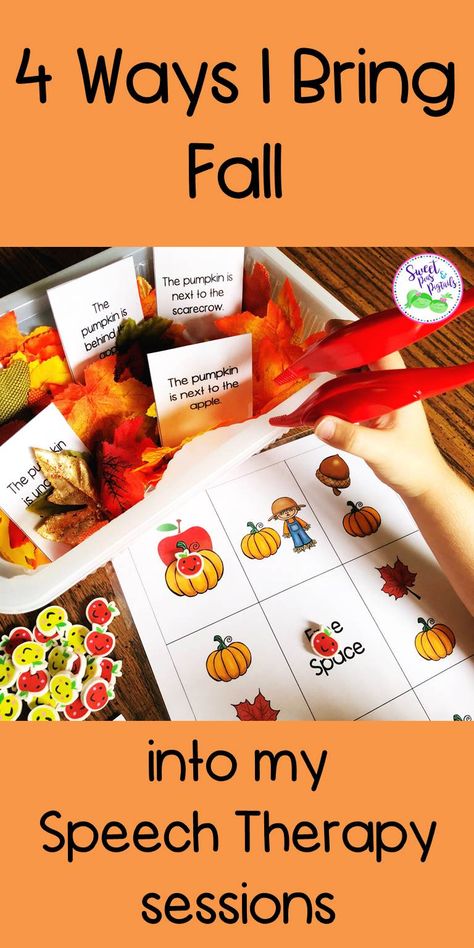 4 fun ways I incorporate fall in my speech therapy sessions! Fall Speech Therapy, Themed Speech Therapy, Therapy Activity, Preschool Language, Speech Language Activities, Slp Activities, Spatial Concepts, Slp Ideas, Slp Resources