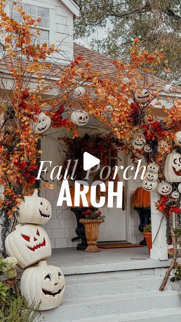 Karlee Gail Bowman on Instagram: "DIY PUMPKIN ARCH! Welcome to my magical fall home! This year’s porch pumpkin arch looks a little different. Maybe a bit more magical with trees, leaves and pumpkins. I’m going to add some twinkle lights soon! 😍" Karlee Gail Bowman, Pumpkin Arch Front Porch, Diy Pumpkin Arch, Fall Arch, Pumpkin Arch, Tree Limbs, Fallen Arches, Porch Pumpkins, Halloween Music