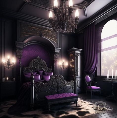 Room Decor Ideas Purple, Purple Gothic Bedroom, Purple And Black Bedroom, Purple Room Ideas, Black And Purple Bedroom, Dark Purple Room, Dark Purple Bedroom, Purple Room Aesthetic, Gothic Interior Design