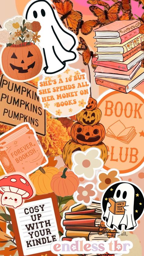 fall bookish Spooky Bookish Wallpaper, Cute Bookshelf Wallpaper, Halloween Kindle Wallpaper, Bookish Halloween Wallpaper, Fall Bookish Aesthetic, Halloween Book Wallpaper, Fall Books Wallpaper, Fall Kindle Aesthetic, Bookish Christmas Wallpaper