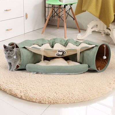 The cat tunnel features two in one function, including large hide tunnel, comfy cushion bed as well as scratching toy on each side. It can hold up 2 or 3 cats, allowing them play with each other together. This tunnel for indoor cats, made of premium plush fabric, is durable and scratch resistant, preventing damage from your naughty kitten’s claws. Full PP cotton cushion mat makes it comfortable for rest and warm in cold weather. And its rapid-drying function makes it be with your cat for a long Cat Products For The Home, Luxury Cat Tree, Katt Grejer, Play Tunnel, Cushion Bed, Cat Cage, Cat Tent, Luxury Cat, Cat Cave