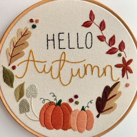 Fall Hand Embroidery Designs, Autumnal Embroidery, Autumn Embroidery Patterns, Harvest Embroidery, Monthly Embroidery, Harvest Art, Halloween Advent Calendar, Autumn Embroidery, Fall Embroidery