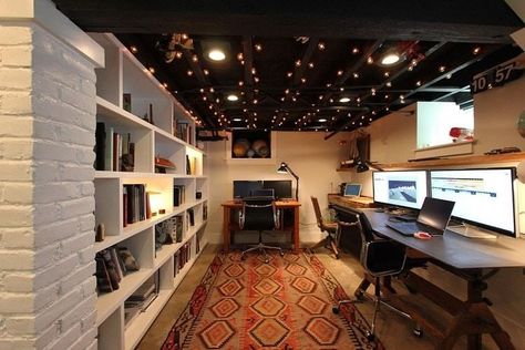 31+ Unfinished Basement Ideas & Designs To Spruce Up Your Room (2021) Exposed Basement Ceiling, Basement Home Office, Unfinished Basement Ideas, Low Ceiling Basement, Basement Studio, Basement Office, Dream Basement, Basement Lighting, Basement Remodel Diy