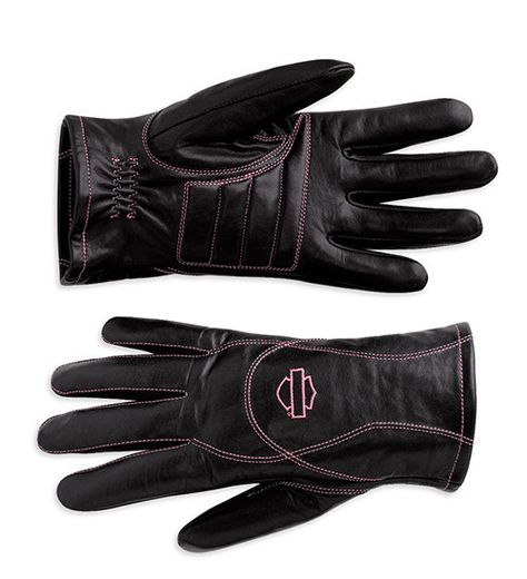 Gloves - Ladies Harley-Davidson® Pink Label Full-Finger (98372-10VW) These Harley-Davidson® gloves are exclusive to the Pink Label Collection. Genuine leather. Tricot lining. Ergonomic thumb. Pre-curved fingers. Padded palm. Embroidered Harley-Davidson® Bar & Shield logo. Harley Apparel, Harley Gear, Harley Davidson Merchandise, Harley Davidson Clothing, Harley Bikes, Biker Chic, Riding Gloves, Biker Chick, Motorcycle Harley