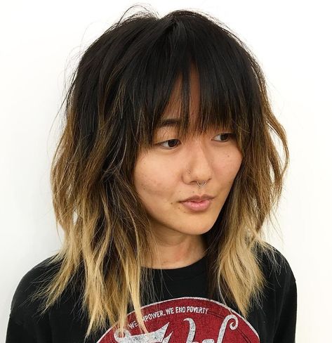 Asian Shag with Blonde Balayage Modern Shag With Bangs Medium, Shag Bayalage Hair, Shag Color Ideas, Shag With Balayage, Shag Ombre Hair, Peekaboo Highlights Shag, Balayage On Shag Haircut, Shag Balayage Hair, Shag Haircut Balayage