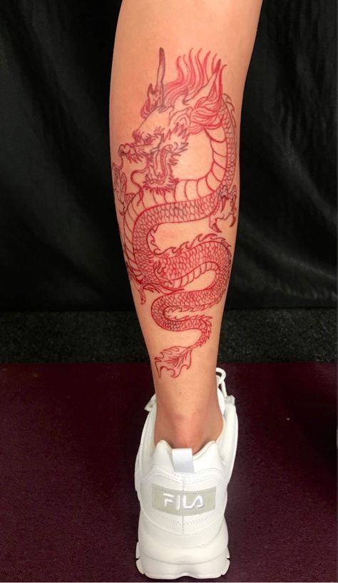 Red Dragon Thigh Tattoo, Thigh Tattoo Stencil, Thigh Tattoo Black Women, Tattoo Black Women, Dragon Tattoo Leg, Dragon Thigh Tattoo, Dragon Tattoo Meaning, Red Dragon Tattoo, Shin Tattoo